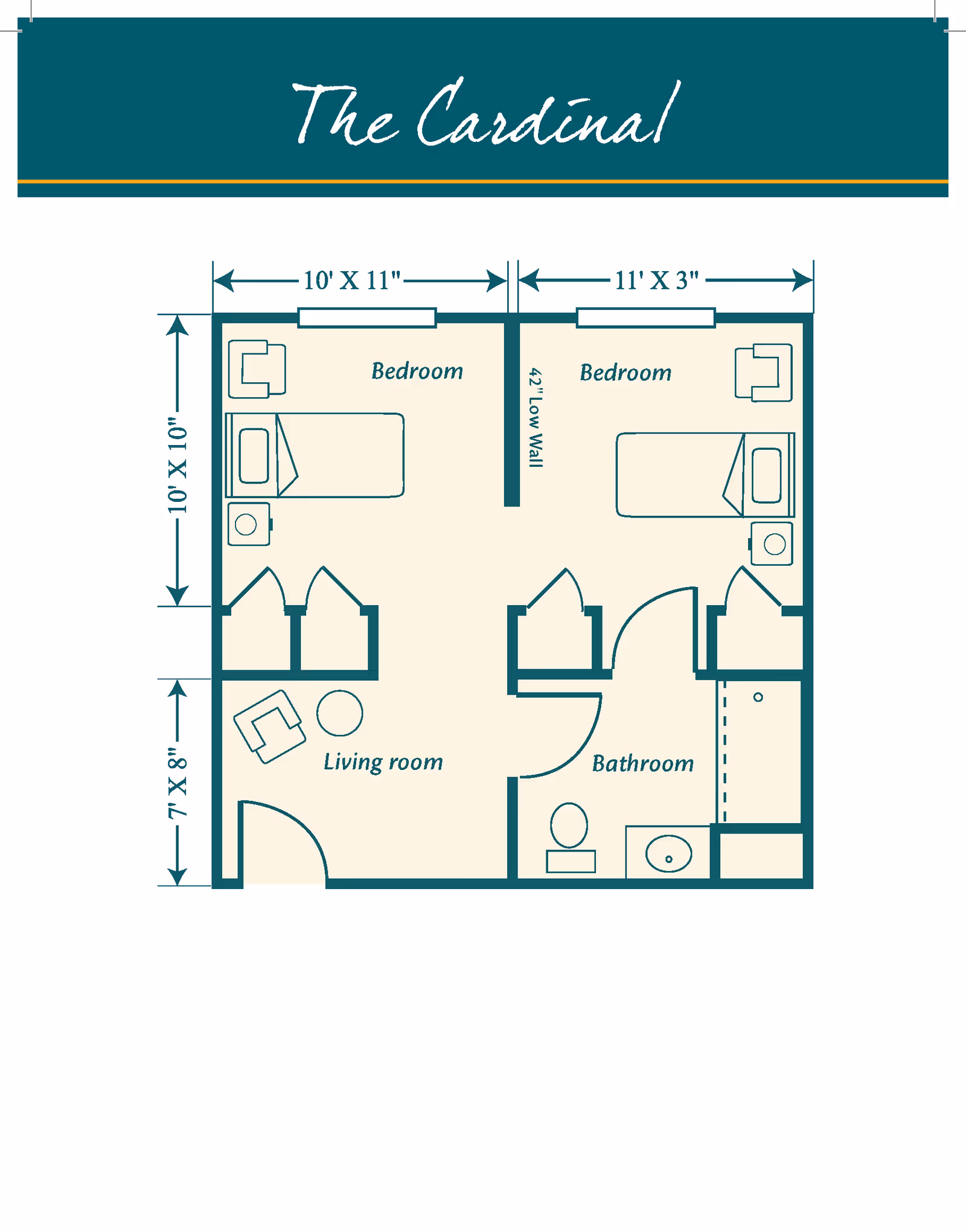 Floor plan titled The Cardinal showing a layout with two bedrooms, a living room, and a bathroom. The left bedroom measures 10 feet by 11 feet and the right bedroom measures 11 feet by 3 inches. The living room measures 7 feet by 8 inches. The bathroom includes a toilet, sink, and shower area.
