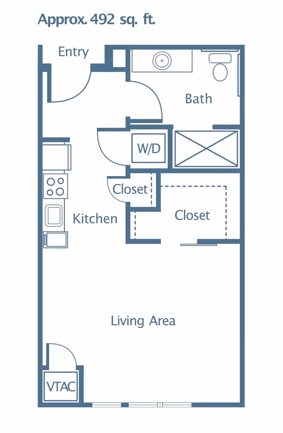 Floor plan of a living space approximately 492 square feet, showing an entry area leading to a kitchen with stove and sink, a bathroom with sink and toilet, a living area, two closets, a washer/dryer unit, and a VTAC unit.