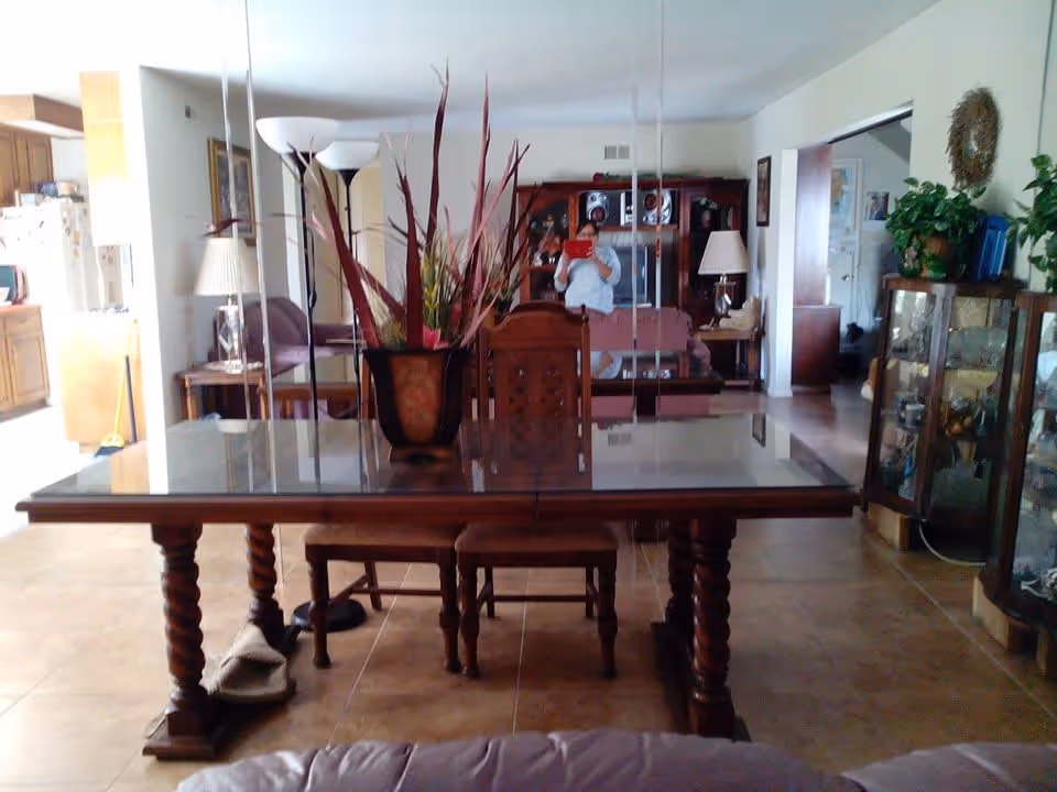 Interior view of a living and dining area with a wooden dining table and chairs in the foreground. A large mirror behind the table reflects a person taking a photo with a red device. The room has tiled floors, a glass-fronted cabinet with decorative items, a floor lamp, and various plants and furniture including a sofa and a wooden cabinet with a stereo system.