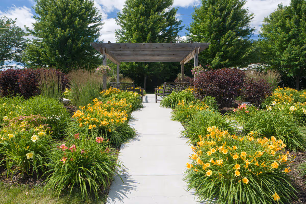 A concrete pathway lined with yellow and pink flowers leads to a wooden pergola with benches underneath, surrounded by green trees and shrubs under a partly cloudy sky.