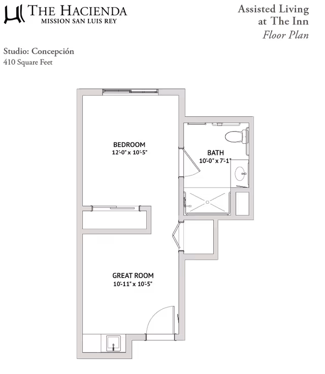 Floor plan of a studio apartment named Concepción at The Hacienda Mission San Luis Rey, showing a layout with a living/sleeping area, a kitchen area with a sink, and a bathroom with a toilet, sink, and shower. The total area is 410 square feet.