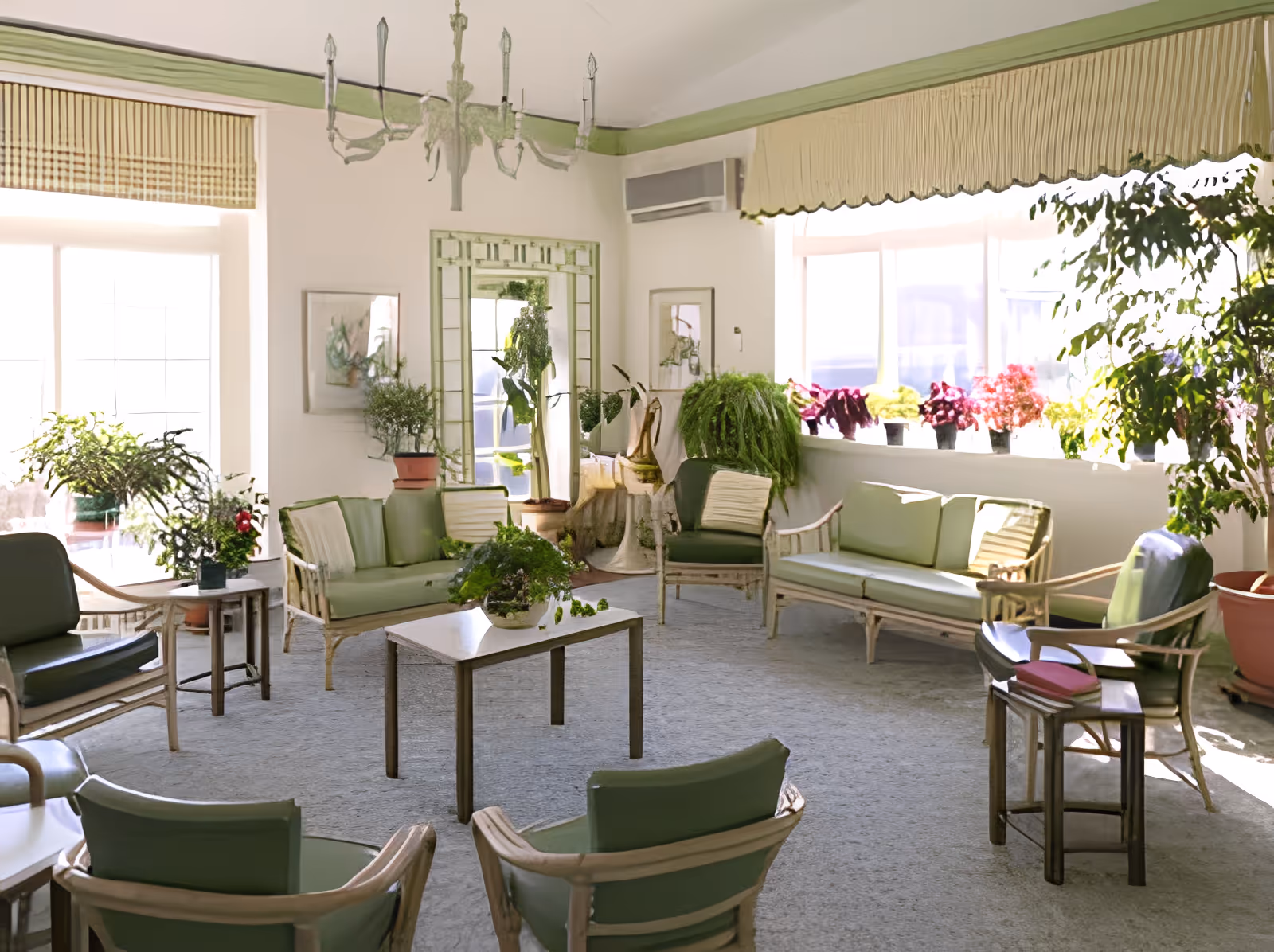 A bright and airy living room with green cushioned chairs and sofas arranged around a central coffee table. The room features large windows with plants on the windowsill, a chandelier, a large mirror on the wall, and various potted plants adding a touch of nature to the space.