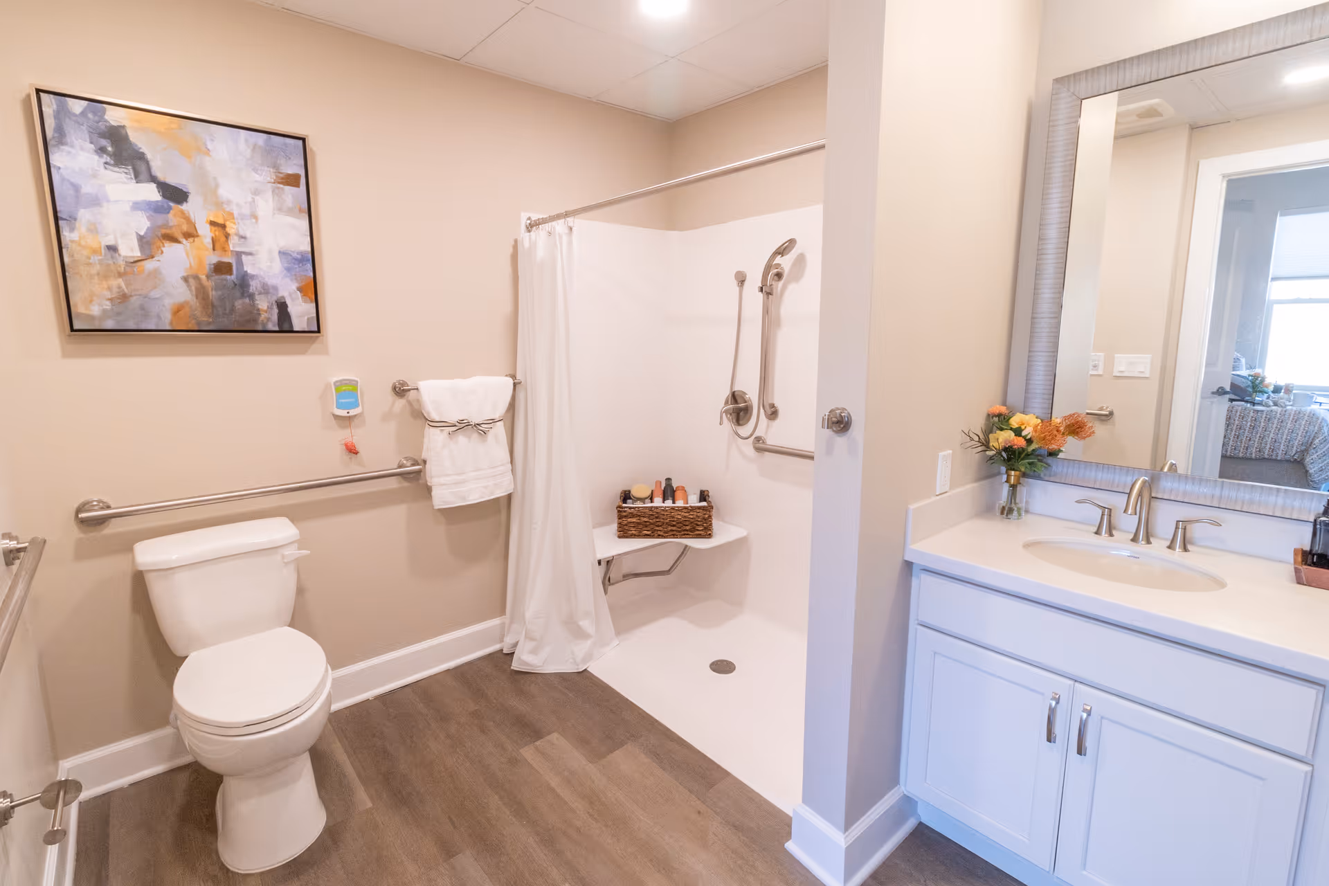 Accessible bathroom with a toilet, roll-in shower with grab bars and curtain, vanity with sink and mirror, and wall artwork.