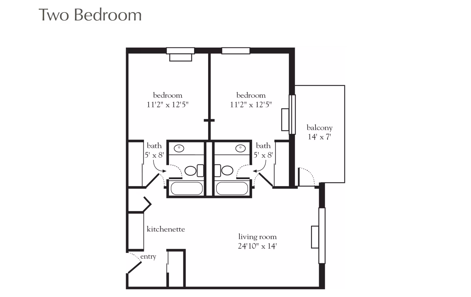 Black-and-white two-bedroom floor plan showing two bedrooms, two baths, a kitchenette, living room and a balcony with room dimensions.