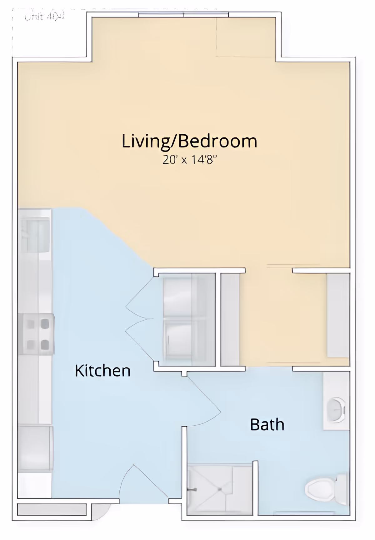 Floor plan of a studio-style apartment showing a living/bedroom (20 ft x 14 ft 8 in), kitchen, and bathroom.