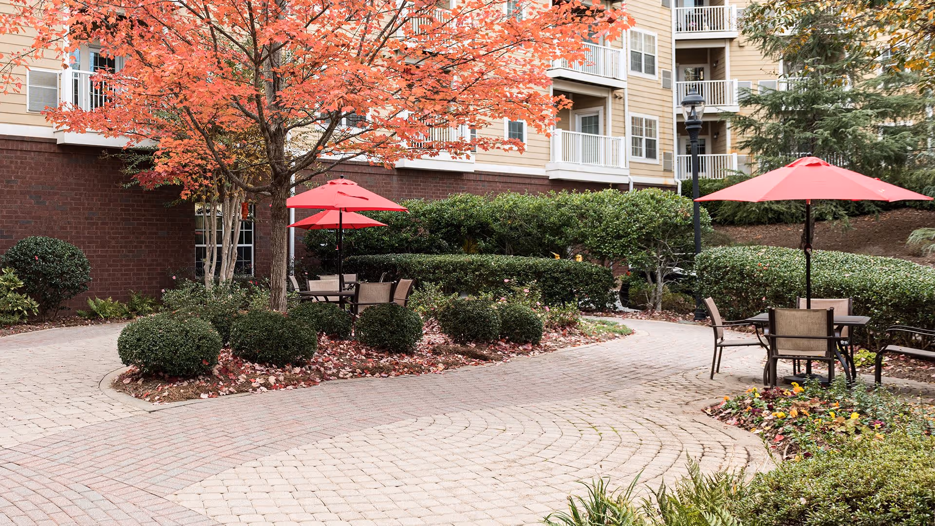 Outdoor patio area with paved walkways, round tables with red umbrellas, chairs, bushes, and a tree with orange autumn leaves in front of a multi-story residential building.
