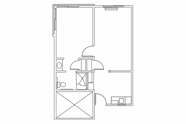 Architectural floor plan showing a layout with multiple rooms including a bathroom with a toilet and bathtub, and other undefined rooms.