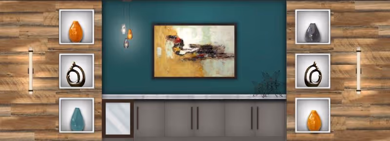 Interior wall decorated with wooden panels and a teal painted section in the center. The teal section features a modern abstract painting and three hanging pendant lights. On either side of the teal section, there are three illuminated display niches containing decorative vases and sculptures. Below the teal section is a long cabinet with multiple doors and a marble countertop.