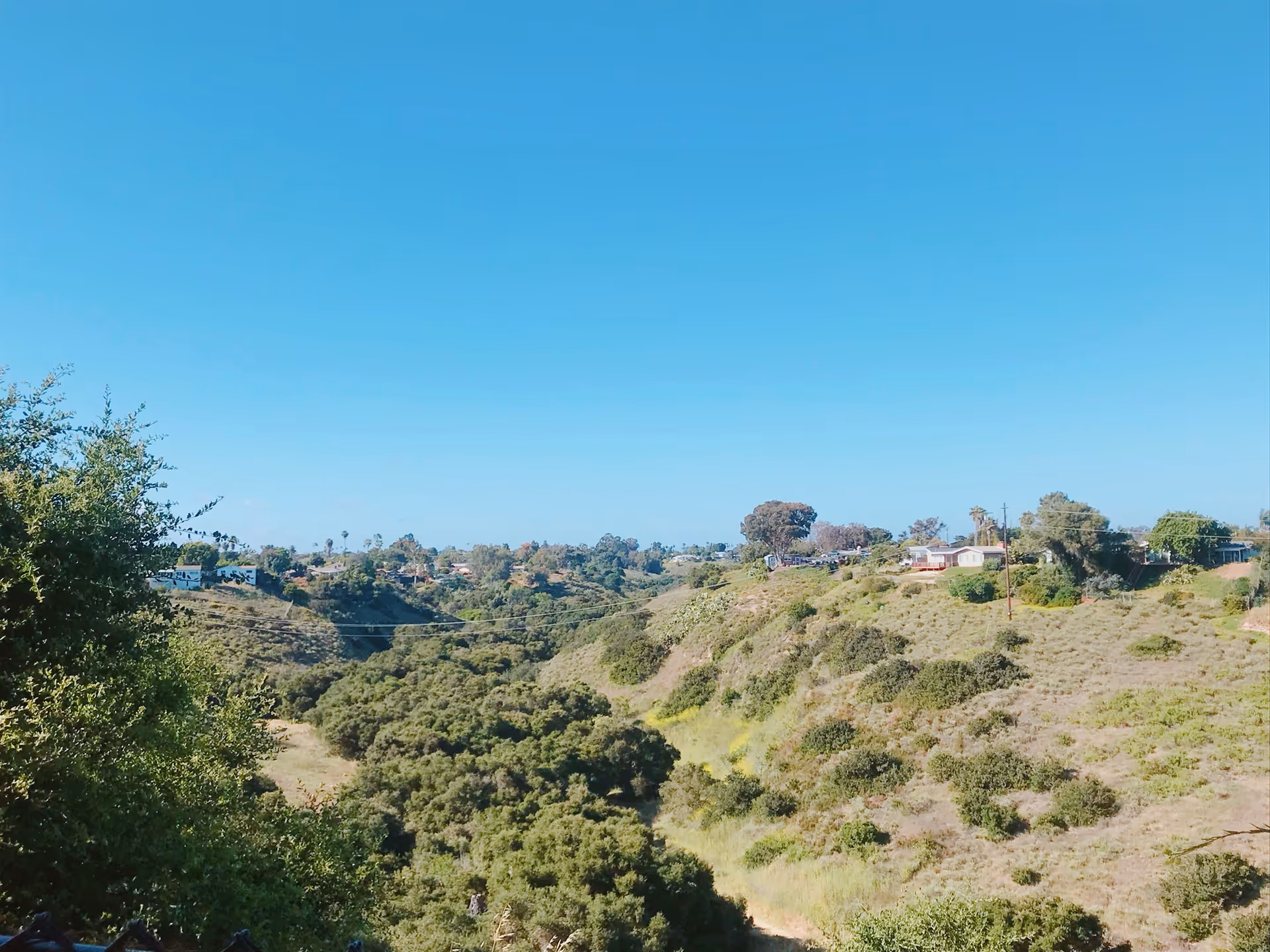 A scenic view of a green valley with dense bushes and trees under a clear blue sky. Houses and utility poles are visible on the hills in the distance.