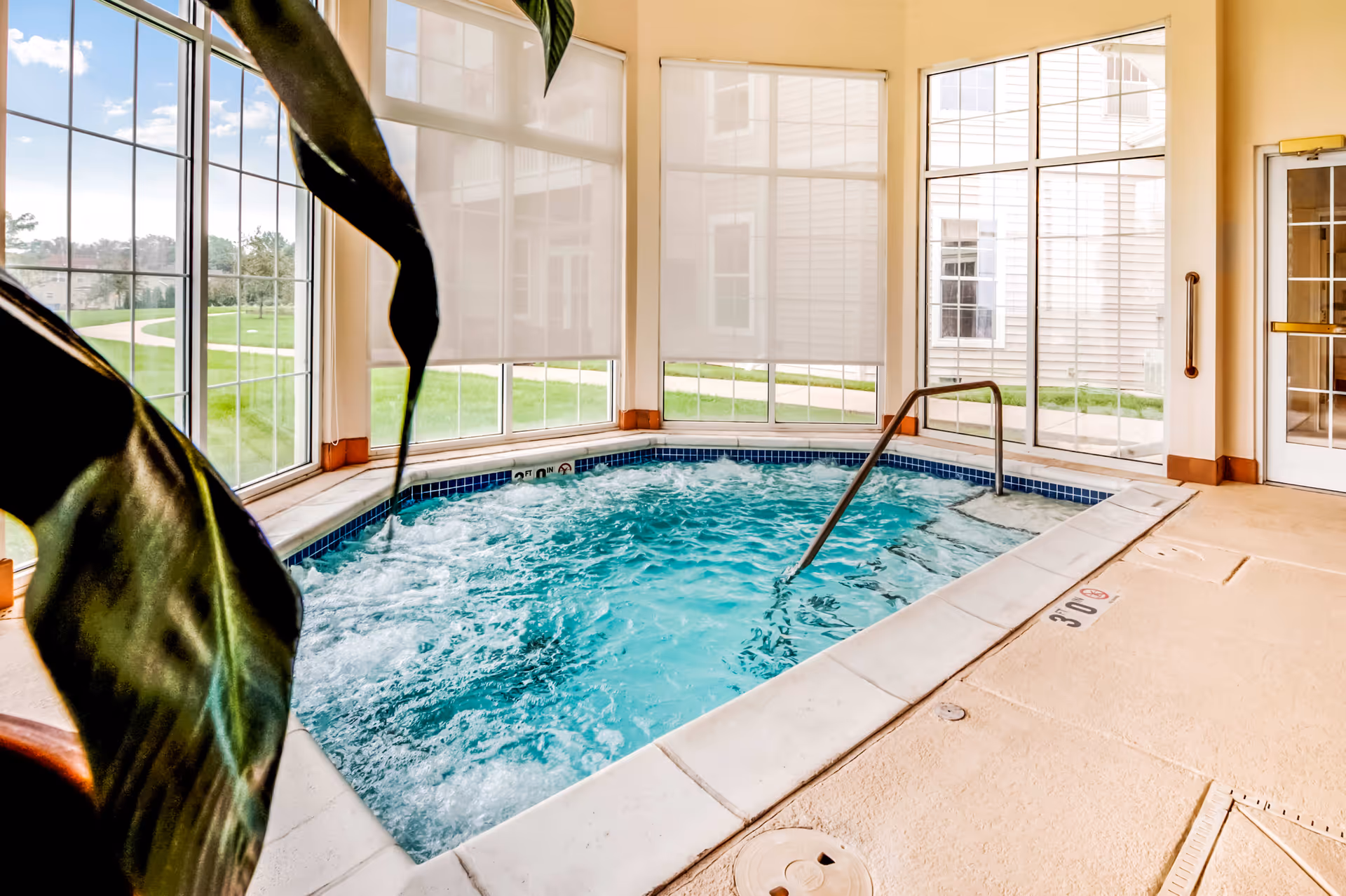 Indoor hot tub or small pool with bubbling water, surrounded by large windows showing an outdoor grassy area. There is a metal handrail for entering the water and a door leading outside. A large plant leaf is partially visible in the foreground.