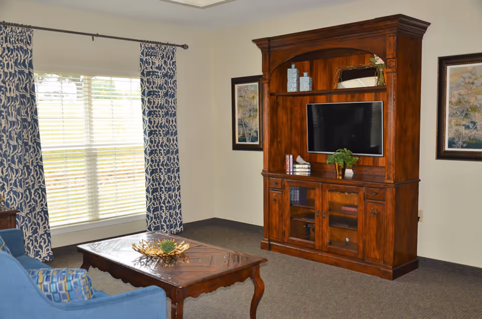 A cozy living room with a large wooden entertainment center holding a flat-screen TV, decorative vases, books, and a small plant. There are two framed paintings on the wall and a window with blue and white patterned curtains. A wooden coffee table with a decorative centerpiece is in front of a blue upholstered chair.