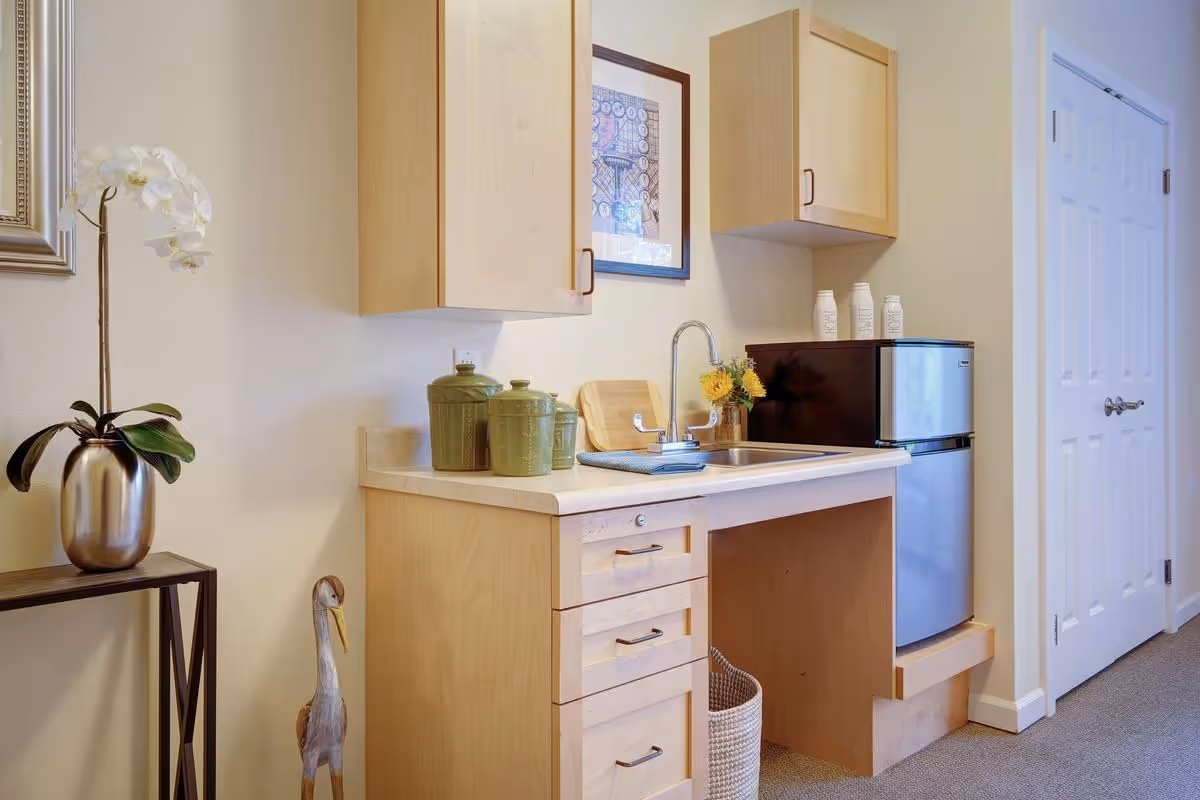 Compact kitchenette with light wood cabinets, a small sink, mini fridge, countertop jars and a decorative orchid on a side table.