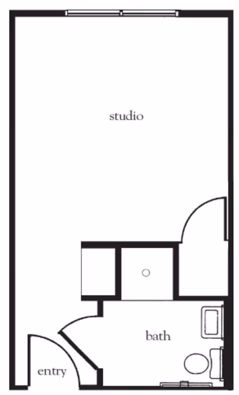 Floor plan of a studio apartment with an entry area, a combined studio living space, and a bathroom including a toilet and bathtub.