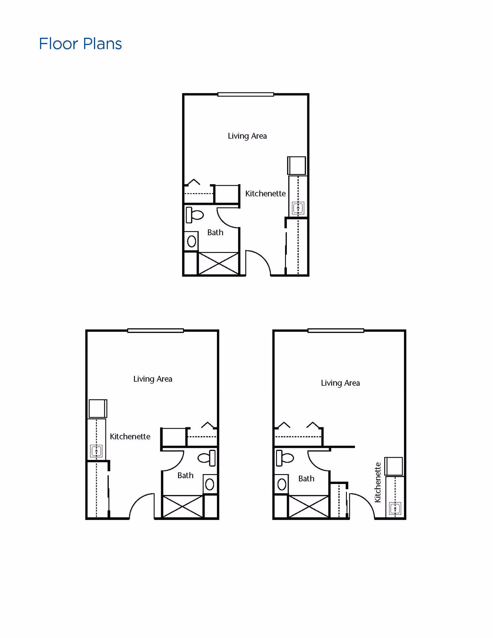Three black and white architectural floor plans showing layouts with living areas, kitchenettes, and bathrooms. Each plan includes labeled spaces for Living Area, Kitchenette, and Bath.