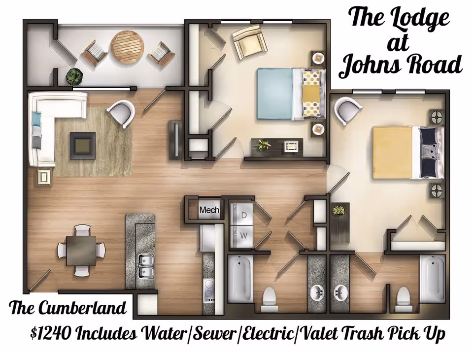 Illustrated top-down floor plan of a two-bedroom, two-bath apartment with living room, kitchen island and balcony.