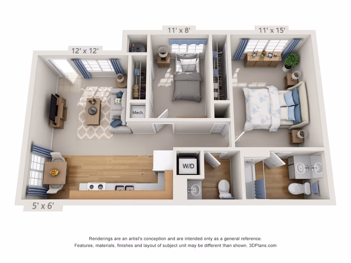 3D floor plan of a two-bedroom apartment featuring a living room with a sofa, coffee table, and TV, a kitchen with appliances and a small dining area, two bedrooms with beds and dressers, a bathroom with a shower and double sink, and a separate toilet area with a washer/dryer unit.