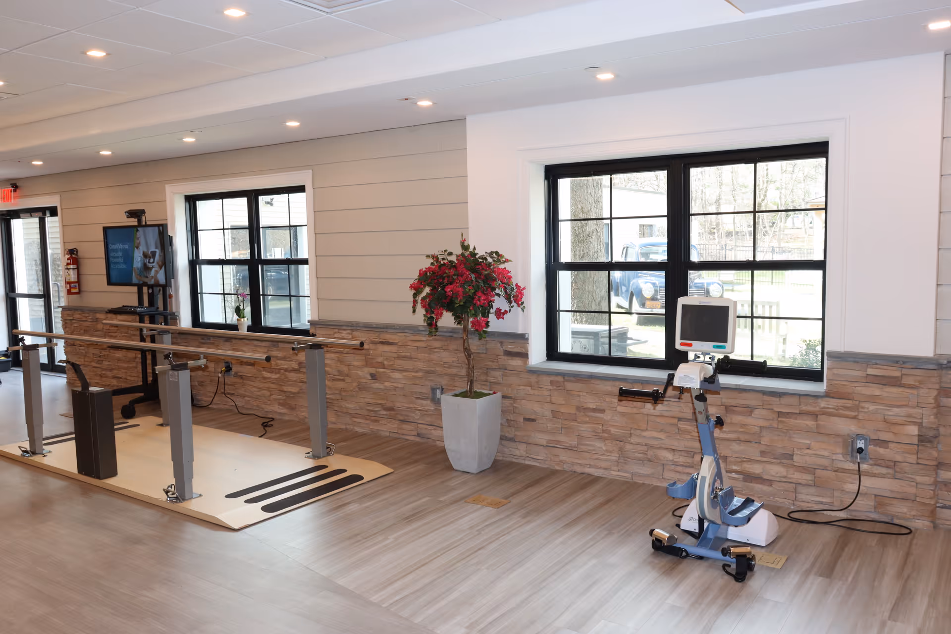 A rehabilitation room with parallel bars for walking exercises, a stationary exercise bike, a large window showing an outdoor view, a potted plant with red flowers, and a television mounted on a stand. The room has wood-like flooring and walls with a stone accent halfway up.
