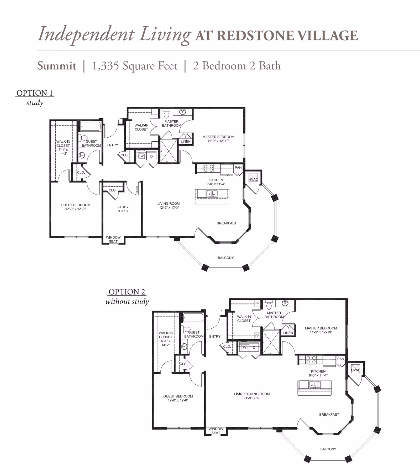 Floor plans for Independent Living at Redstone Village showing two options for a 1,335 square feet apartment with 2 bedrooms and 2 bathrooms. Option 1 includes a study room, guest bedroom with walk-in closet, guest bathroom, entry, living room, kitchen with breakfast area, master bedroom with walk-in closet and master bathroom, linen closet, pantry, HVAC, and a balcony. Option 2 is similar but without the study, featuring a larger combined living/dining room area instead.
