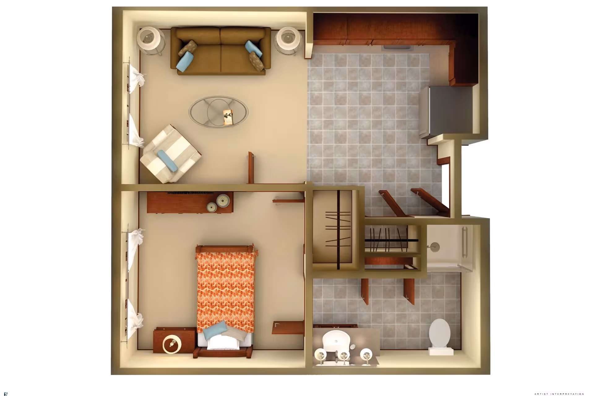 Top-down floor plan of a small assisted living apartment showing a living room with a sofa, armchair, and coffee table; a bedroom with a bed, nightstand, and dresser; a kitchen area with cabinets and appliances; and a bathroom with a sink, toilet, and shower.