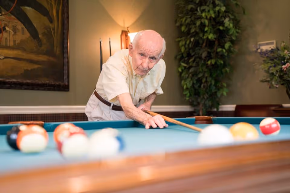 An elderly man playing pool indoors, aiming with a cue stick at a billiard table with several balls scattered on the table. The room has a painting on the wall, a tall plant, and warm lighting.