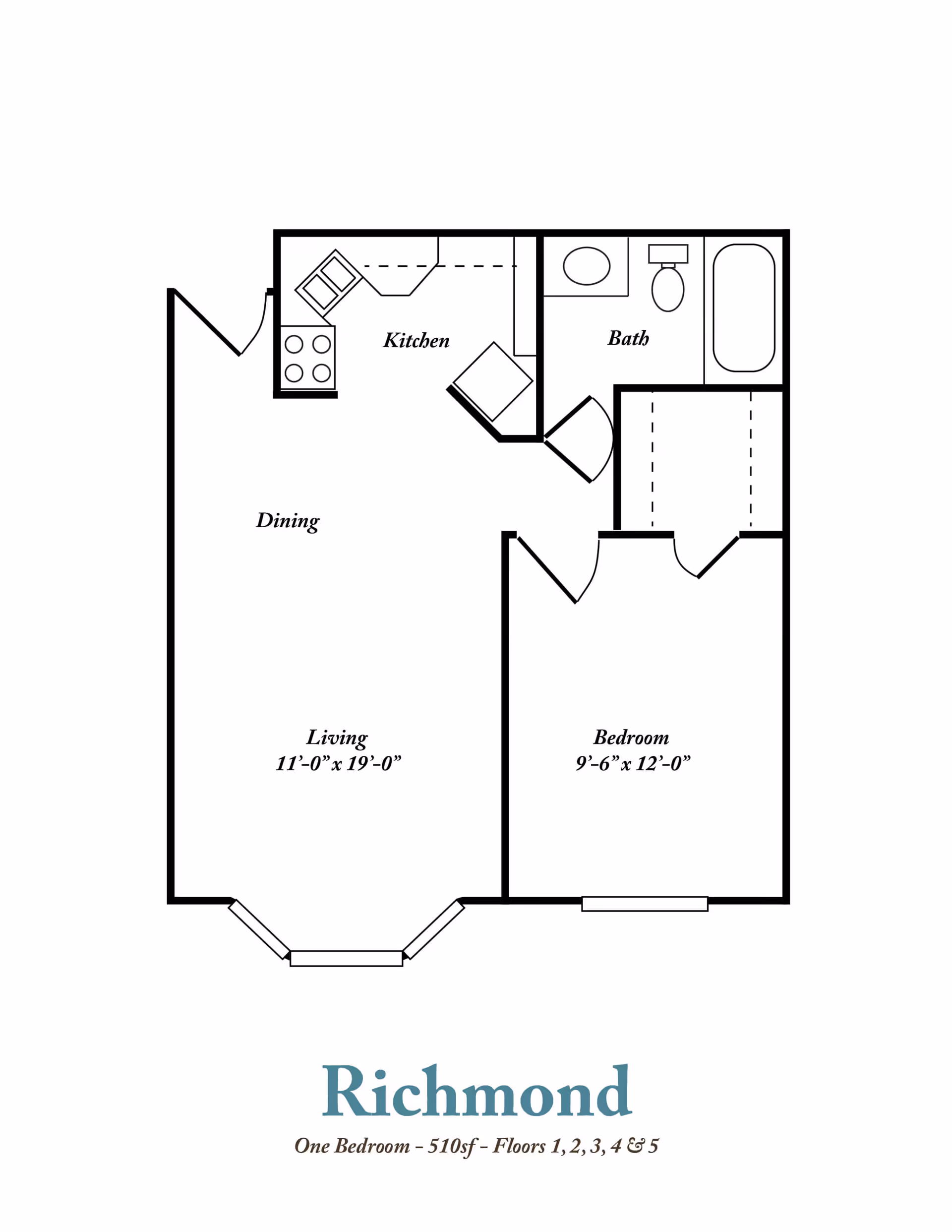 Floor plan of a one-bedroom apartment named Richmond, showing a living and dining area, kitchen, bathroom, and bedroom with dimensions.