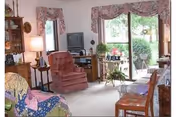 Cozy living room with upholstered chairs, a television on a cabinet, a sliding glass door to a patio, floral curtains, and several houseplants.