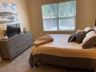 A bedroom with a neatly made bed featuring multiple pillows and a brown throw blanket. There is a large window with a view of greenery outside. A dresser with a flat-screen TV, a decorative vase, and a small plant is positioned against the wall. A landscape painting hangs above the dresser.