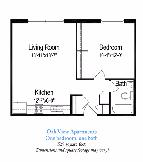 Black-and-white floor plan labeled "Oak View Apartments" showing a one-bedroom, one-bath layout with living room, kitchen, bedroom, bathroom, and dimensions.
