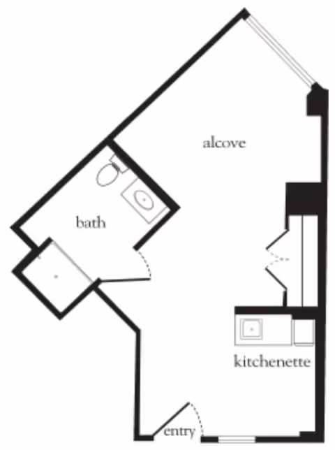 Floor plan of a small living space featuring an entry area, a kitchenette, an alcove, and a bathroom with a toilet and sink.
