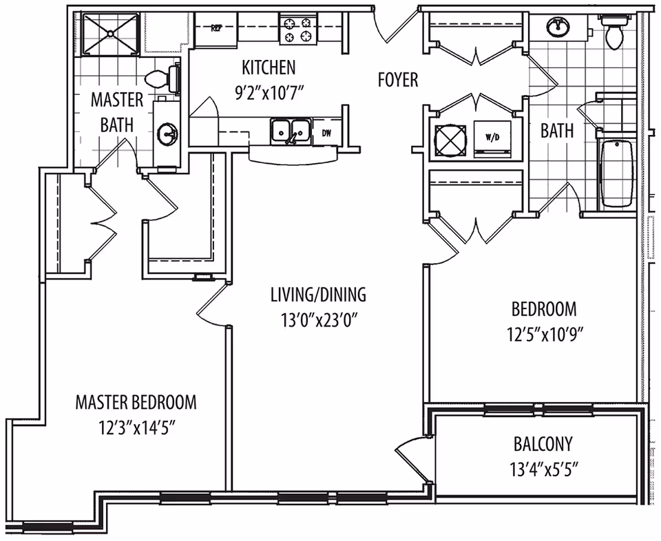 Black-and-white floor plan of an apartment showing a kitchen, foyer, living/dining area, master bedroom with en-suite bath, second bedroom with bath, balcony and closet spaces.
