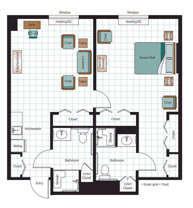 Floor plan of a senior living apartment at Belmont Village Senior Living Hunters Creek showing an entry, kitchenette with refrigerator, two bathrooms each with shower, two closets, a living area with loveseat, chairs, tables, desk, and entertainment unit, and a bedroom with queen bed, night stands, chairs, chest of drawers, and closets. Windows and heating/AC units are also indicated.