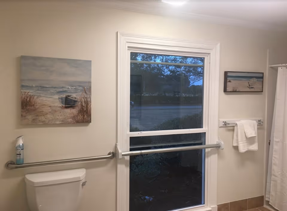 Bathroom interior showing a toilet, horizontal grab bars, a window, towel rack with a towel, shower curtain, and beach-themed wall art.