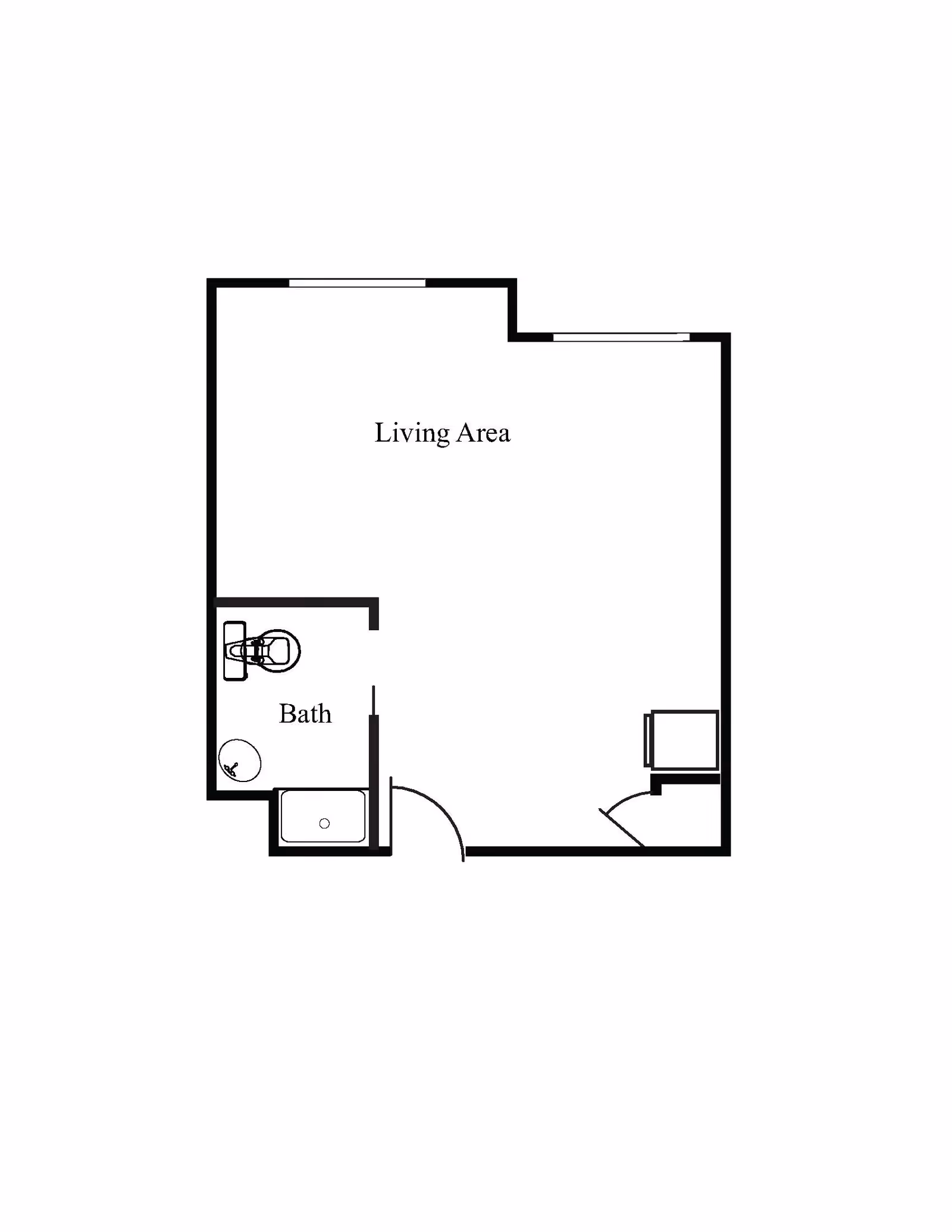 Floor plan layout showing a living area and a bathroom with a toilet, sink, and bathtub.