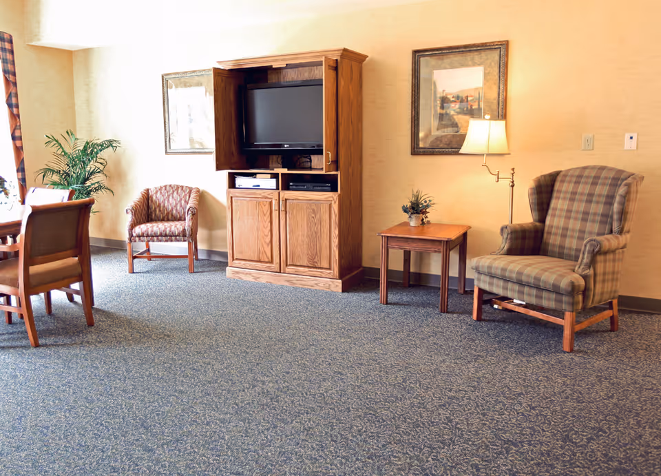 A cozy living room area with a wooden entertainment center holding a TV, a patterned armchair, a small wooden side table with a lamp and a plant, another upholstered chair, and a dining table with chairs partially visible. The walls are light-colored with framed artwork, and there is a carpeted floor.