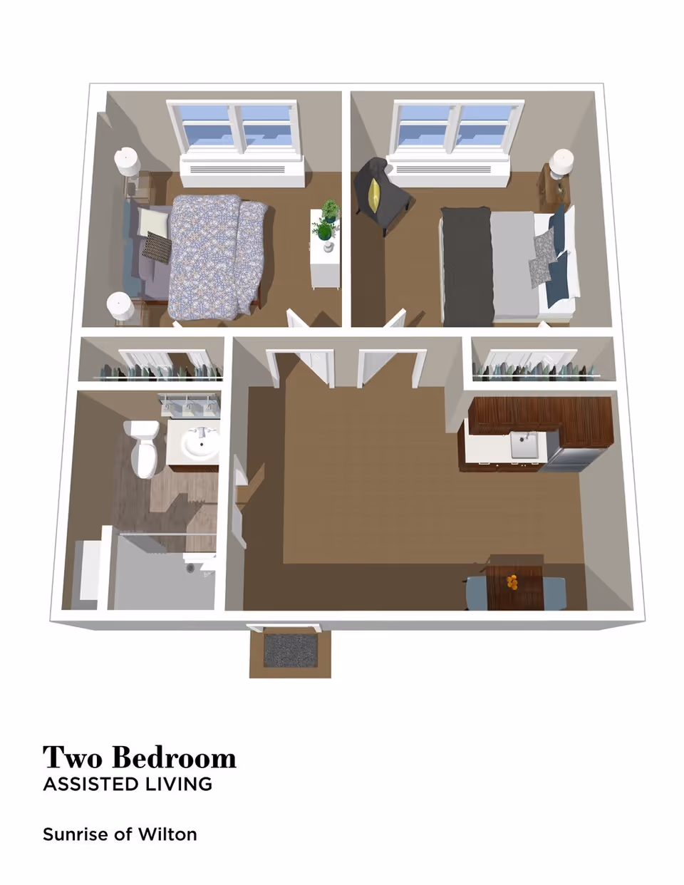 3D floor plan of a two-bedroom assisted living apartment at Sunrise of Wilton, showing two bedrooms, a bathroom with shower, a kitchen area with sink and refrigerator, and an open living/dining space.