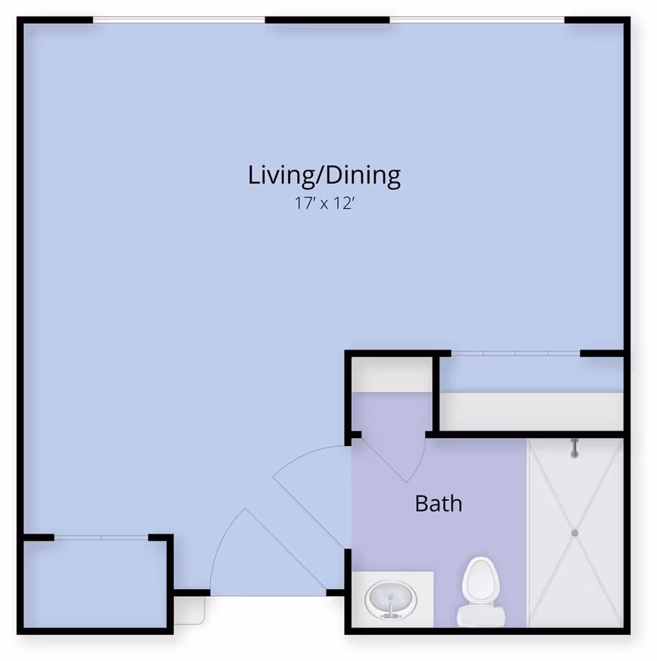 Floor plan showing a living/dining area measuring 17 feet by 12 feet, connected to a bathroom with a sink, toilet, and shower.