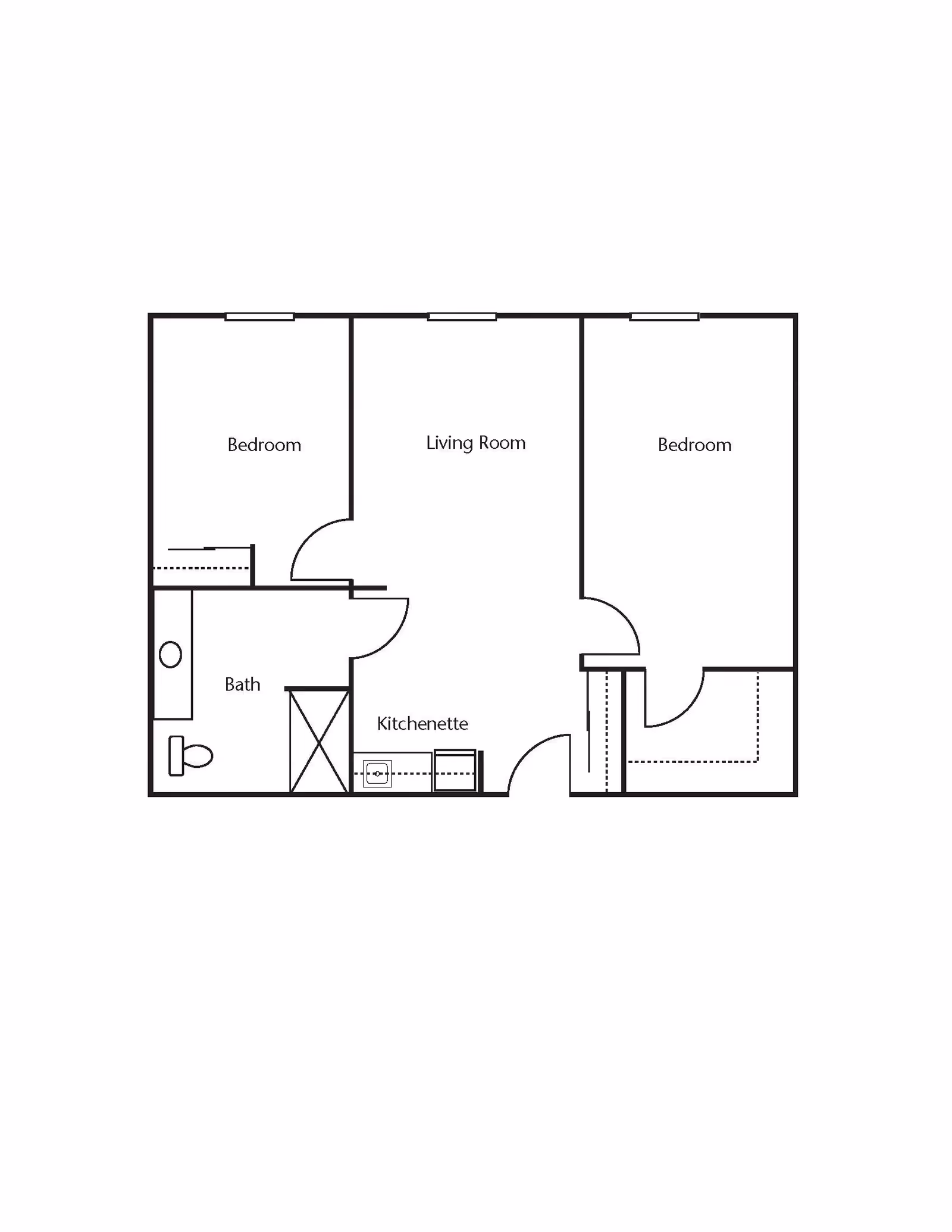 Floor plan layout showing two bedrooms, a living room, a bath, and a kitchenette.