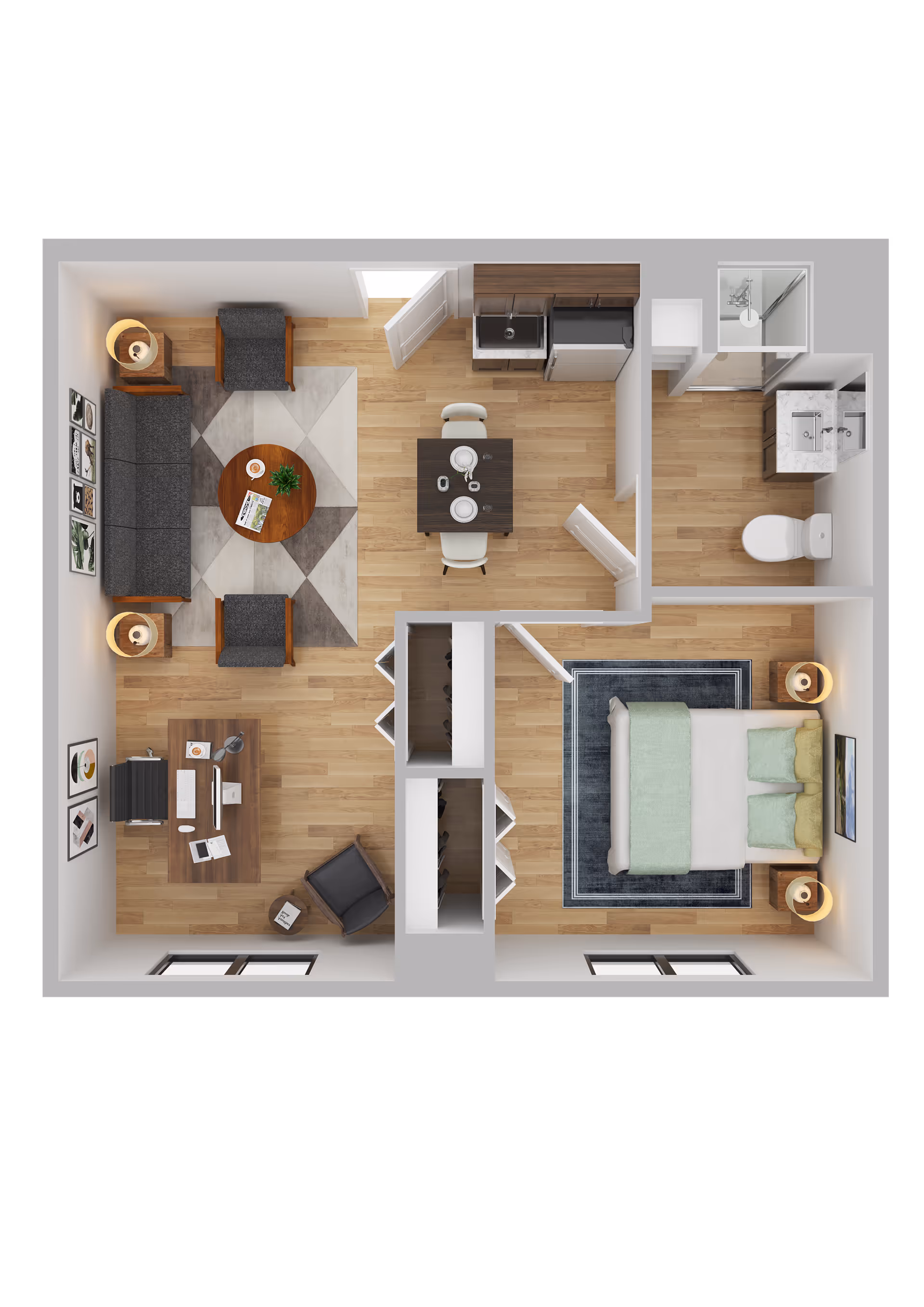 Top-down view of a one-bedroom apartment floor plan featuring a living room with a sofa, two armchairs, a coffee table, and a desk with a chair. Adjacent to the living room is a dining area with a table set for two and a small kitchen with a sink and refrigerator. The bedroom has a double bed with two nightstands and lamps. The bathroom includes a toilet, sink with a vanity, and a shower.
