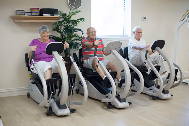 Three elderly individuals exercising on seated rowing machines in a well-lit indoor fitness room with a plant and a wall clock in the background.