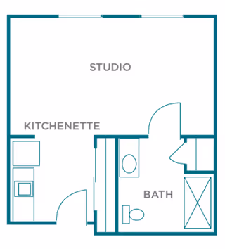 Floor plan of a studio apartment featuring a kitchenette area, a bathroom with a toilet and shower, and an open studio living space.