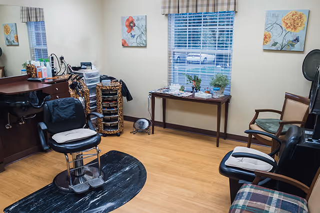 Interior of a small salon area with a black salon chair on a black mat, a wooden cabinet with hair care products, a rolling cart with supplies, a small table with plants and decorative items under a window with blinds, and two chairs with cushions. The walls are light-colored with floral paintings.