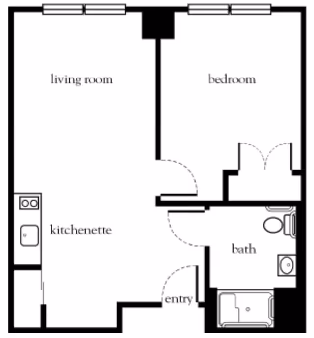 Floor plan of a one-bedroom apartment at Atria Lincoln Place showing a living room, kitchenette, bedroom, bathroom, and entry area.