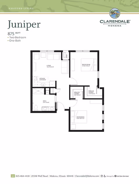 Floor plan layout of the Juniper assisted living apartment at Clarendale of Mokena, showing a two-bedroom, one-bath unit with a living room, kitchen, bathroom, and two walk-in closets.