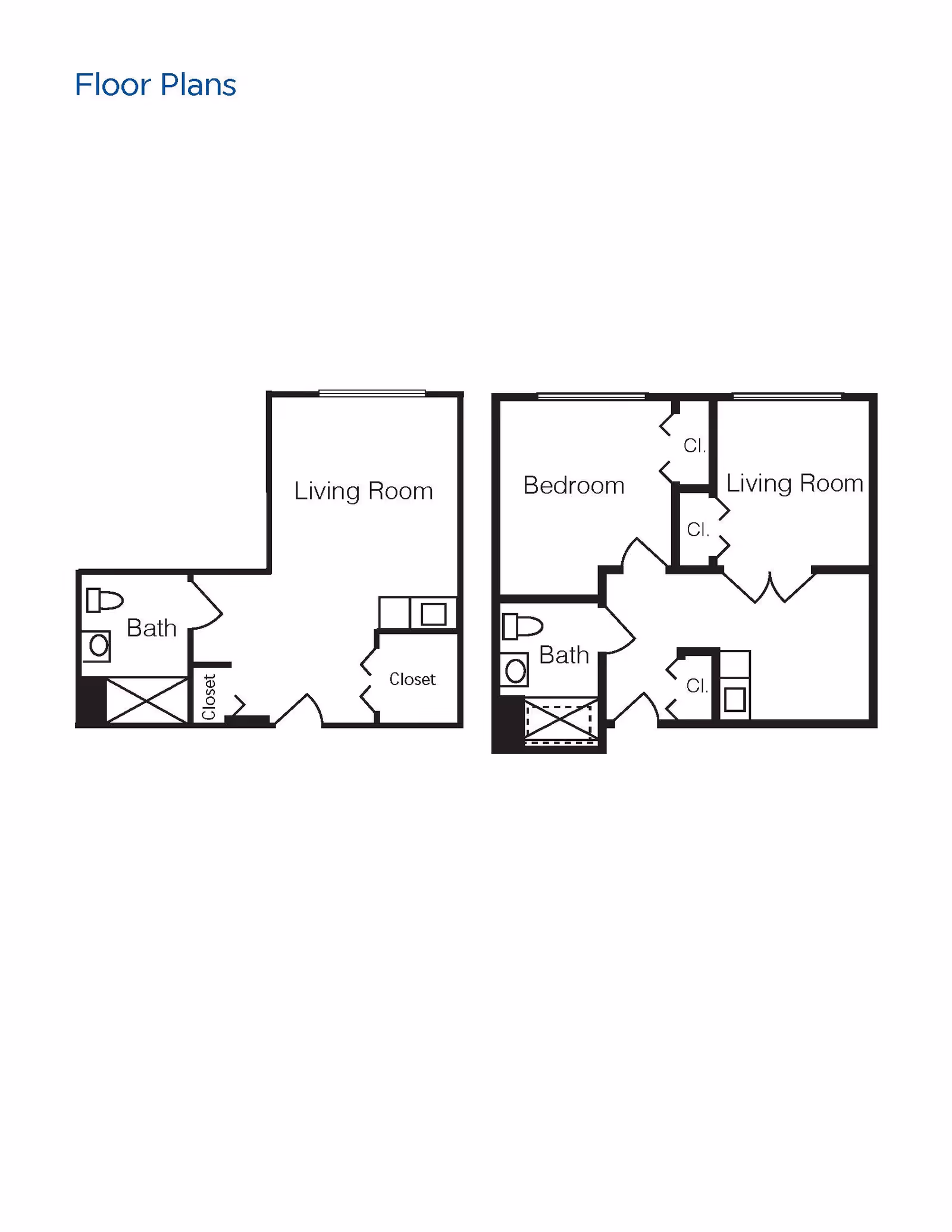 Two black and white floor plans showing layouts with labeled rooms including living room, bedroom, bath, and closets.