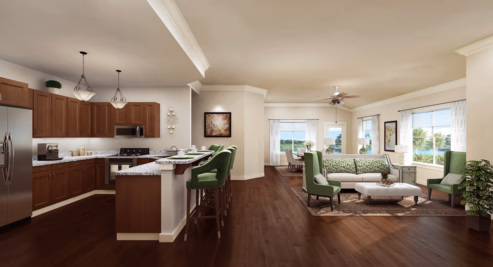 Open-concept interior with a kitchen island and bar stools opening to a furnished living room with green seating and large windows.