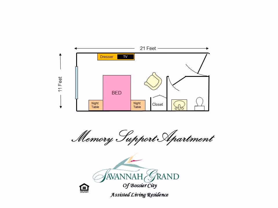 Floor plan of a memory support apartment showing a layout with a bed, two night tables, a dresser with TV, a closet, a chair, and a bathroom with a sink and toilet. The dimensions are 21 feet by 11 feet. Below the floor plan is the text 'Memory Support Apartment' and the logo and name 'Savannah Grand of Bossier City Assisted Living Residence'.