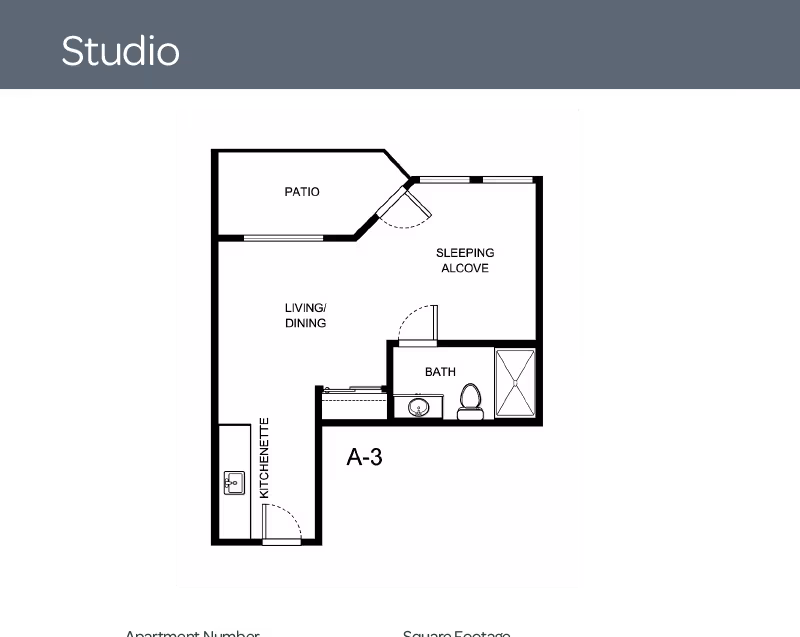 Floor plan of a studio apartment labeled A-3 at the Virginian facility, showing a patio, living/dining area, kitchenette, sleeping alcove, and a bathroom with a sink, toilet, and shower.