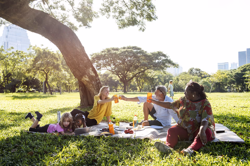 A group of people enjoying a picnic on a blanket in a sunny park with green grass and large trees. Two adults are clinking orange drinks while two children lie on the grass nearby, one holding a tablet. City buildings are visible in the background.