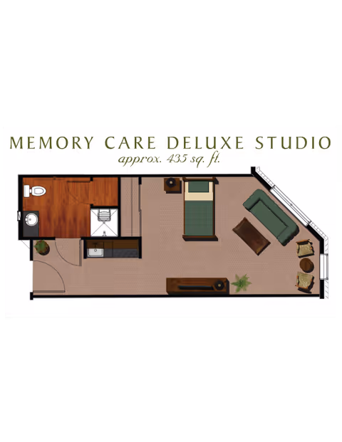 Top-down floor plan titled "Memory Care Deluxe Studio approx. 435 sq. ft." showing a studio layout with a bed, bathroom, kitchenette, and seating area.