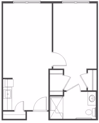 Black and white architectural floor plan showing a layout with a kitchen area, a bathroom with a shower, toilet, and sink, and two additional rooms.